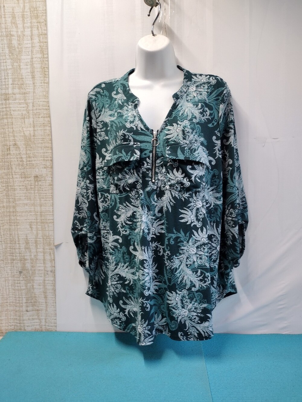 Pure. Paisley Floral Zip-Front Tunic Top Roll Tab Sleeve - 1XL